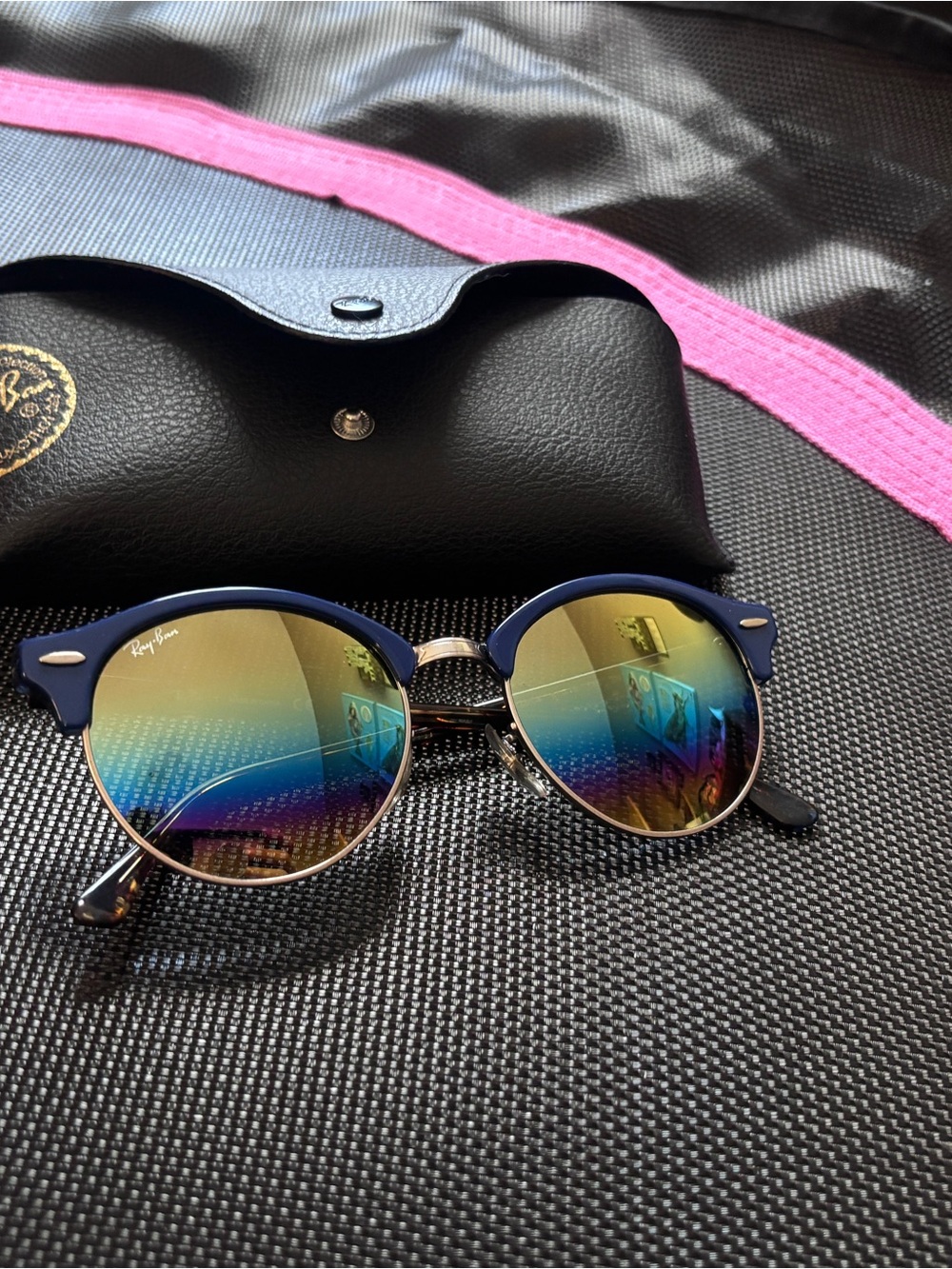Ray-Ban Clubround Blue Frame Sunglasses with Gold Mirrored Gradient Lenses